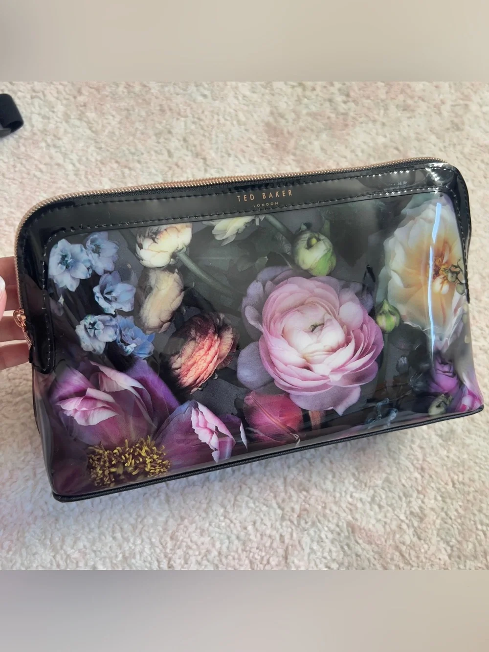 Ted Baker Black Floral Glossy Cosmetic Case with Rose Gold Zipper